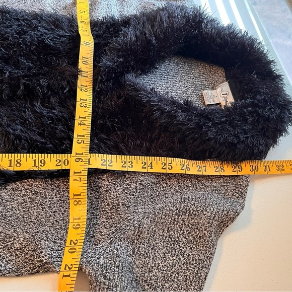 Once Again Gray and Black Long Cardigan Sweater with Open Front Fur Shawl Collar - Picture 5 of 5